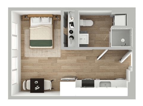 Floor plan for studio, 1 bath, 380 sqft